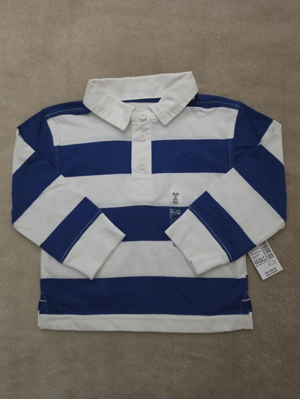 The Children's Place Boy Blue/White Striped  Rugby Polo Shirt Size 18-24 Months